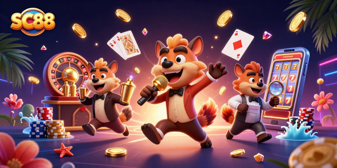 Engage in thrilling gaming at SC88, featuring lively hyena characters in a dynamic casino scene.