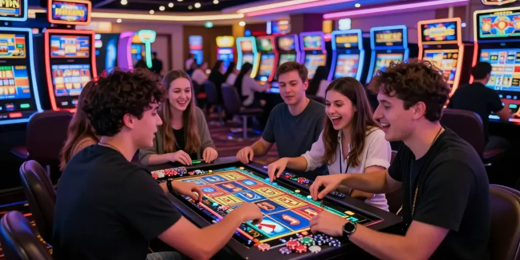 Lucky777 casino gaming scene with vibrant players around a slot machine.