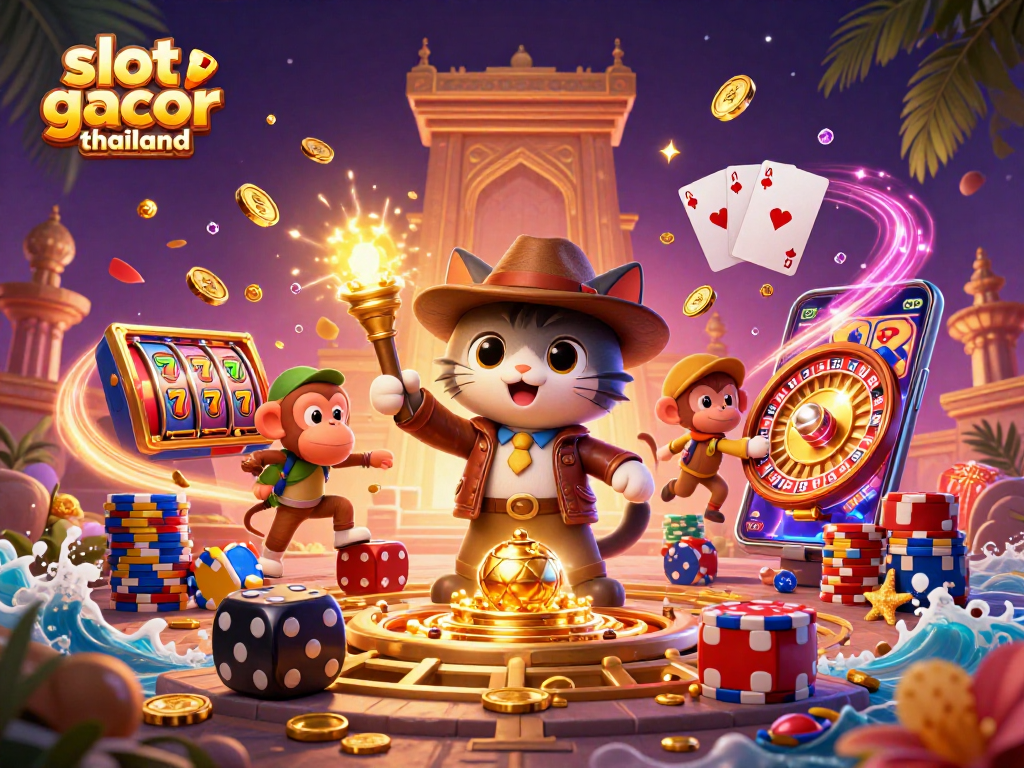 Engage with slot gacor thailand in this colorful scene featuring an archaeologist cat and dynamic casino elements.