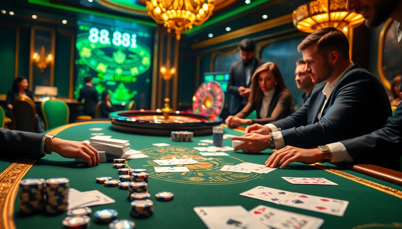 Players excitedly engaging with casino games at a vibrant 88i betting table, with chips and cards visible.