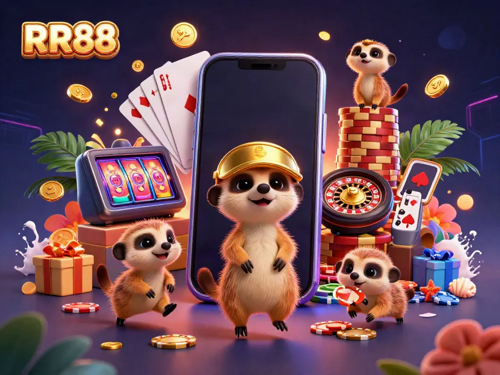 Experience the vibrant casino atmosphere at RR88 with meerkats managing games and chips.