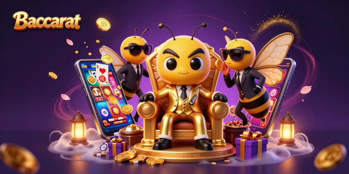 Baccarat gaming scene with a mob boss bumblebee and wasp guards, showcasing a lively casino atmosphere.