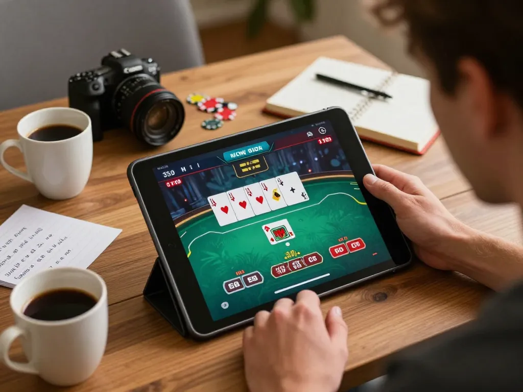 Player enjoying a live poker game on Sky88 tablet, capturing a strategic gaming moment in a cozy home setting.
