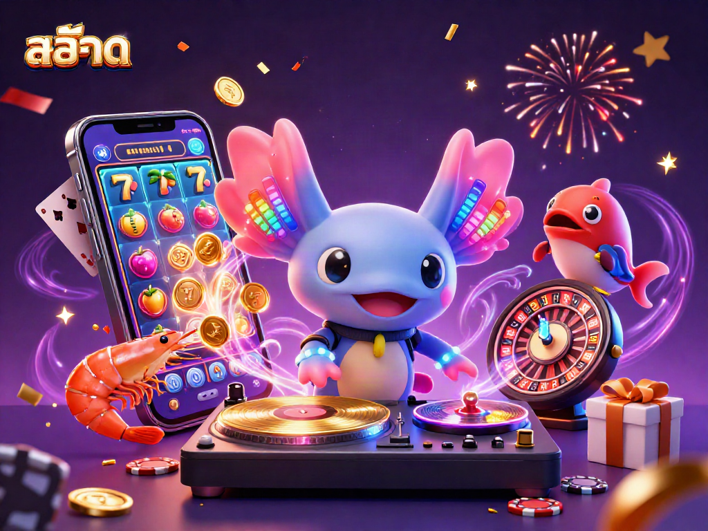 Experience vibrant สล็อต action with neon-themed 3D characters, golden coins, and festive gaming elements