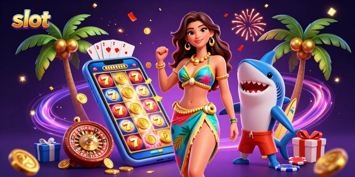 Spin the slot reels with vibrant energy featuring a glamorous woman and a surfer shark.