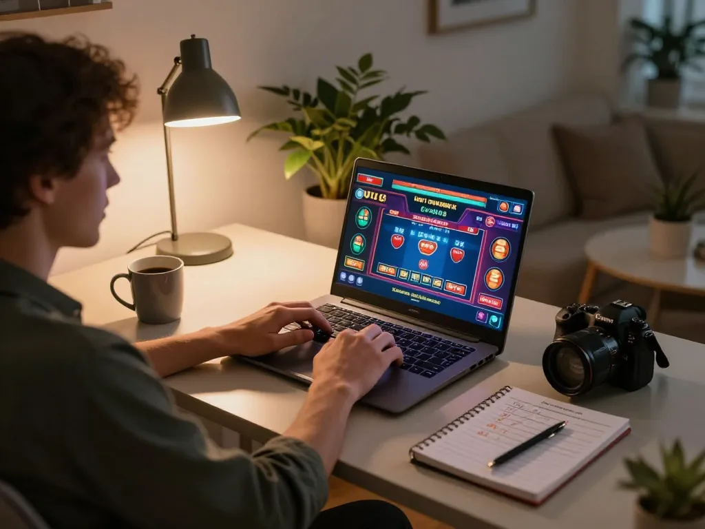 Luck8 player engaging in online casino gaming with strategic notes at home