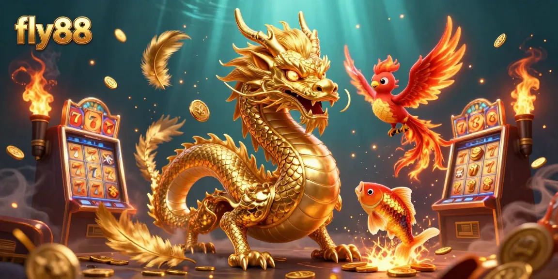 Join the exciting world of fly88 with a golden dragon and phoenix amidst a shower of lucky coins.