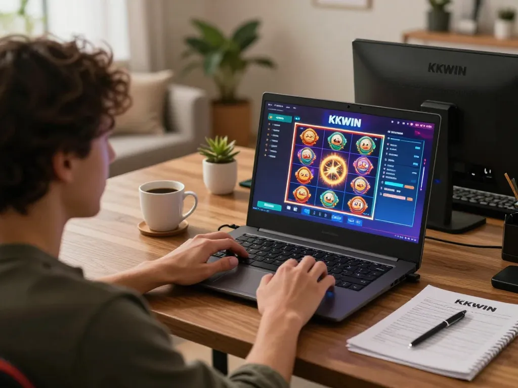 Engaged player at KKWIN winning on online slots, showcasing modern gaming setup and strategy notes