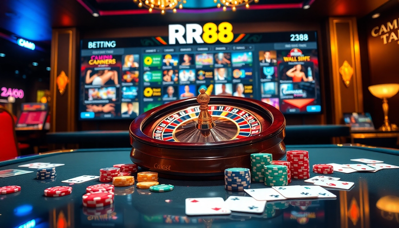 Experience RR88's vibrant casino scene with roulette and poker elements for online betting.