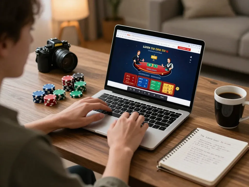 Kuwin online user enjoying poker strategy on their laptop in a cozy home setup.