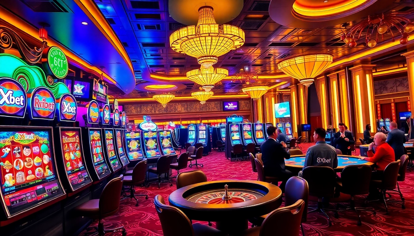 Players engaging with colorful slot machines and tables at a 8Xbet casino.