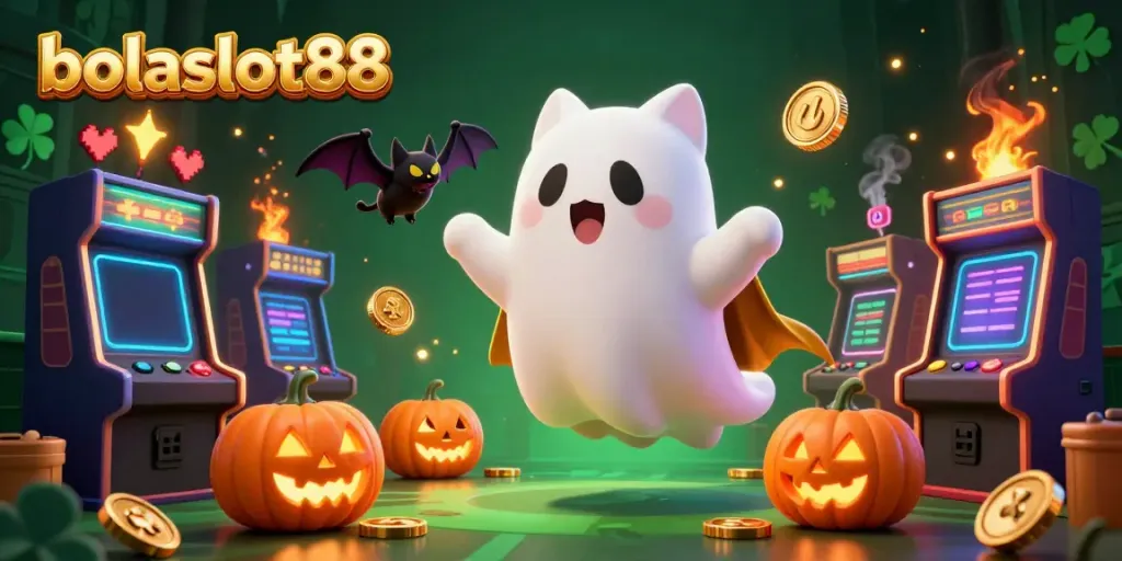 Bolaslot88's festive haunted casino scene features a ghost cat and bat, bringing gaming excitement alive.