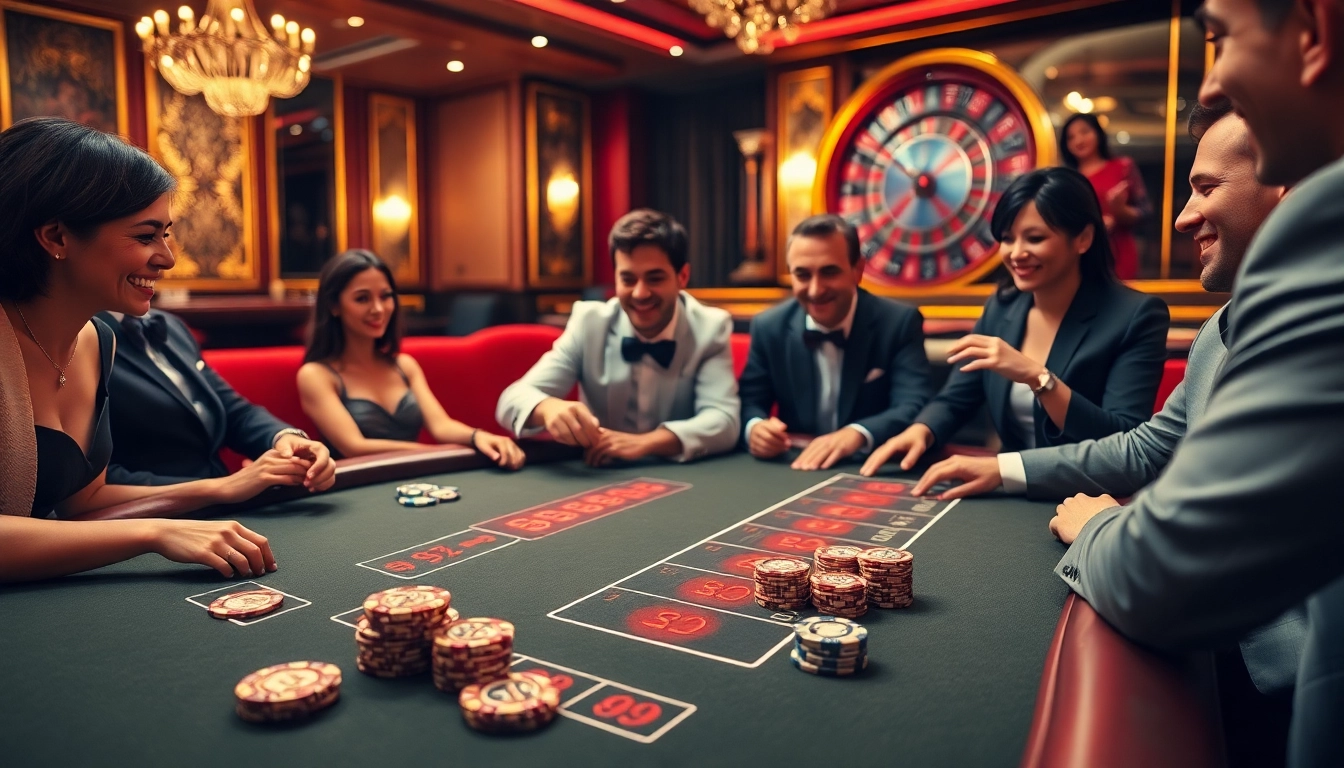 Players enjoying an exciting TG88-themed poker game at an elegant casino table.