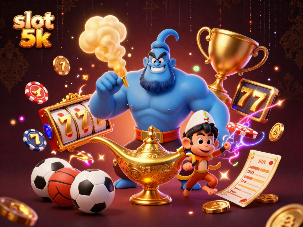 Spin the reels at slot 5k with a stunning genie and monkeys amidst colorful casino elements.