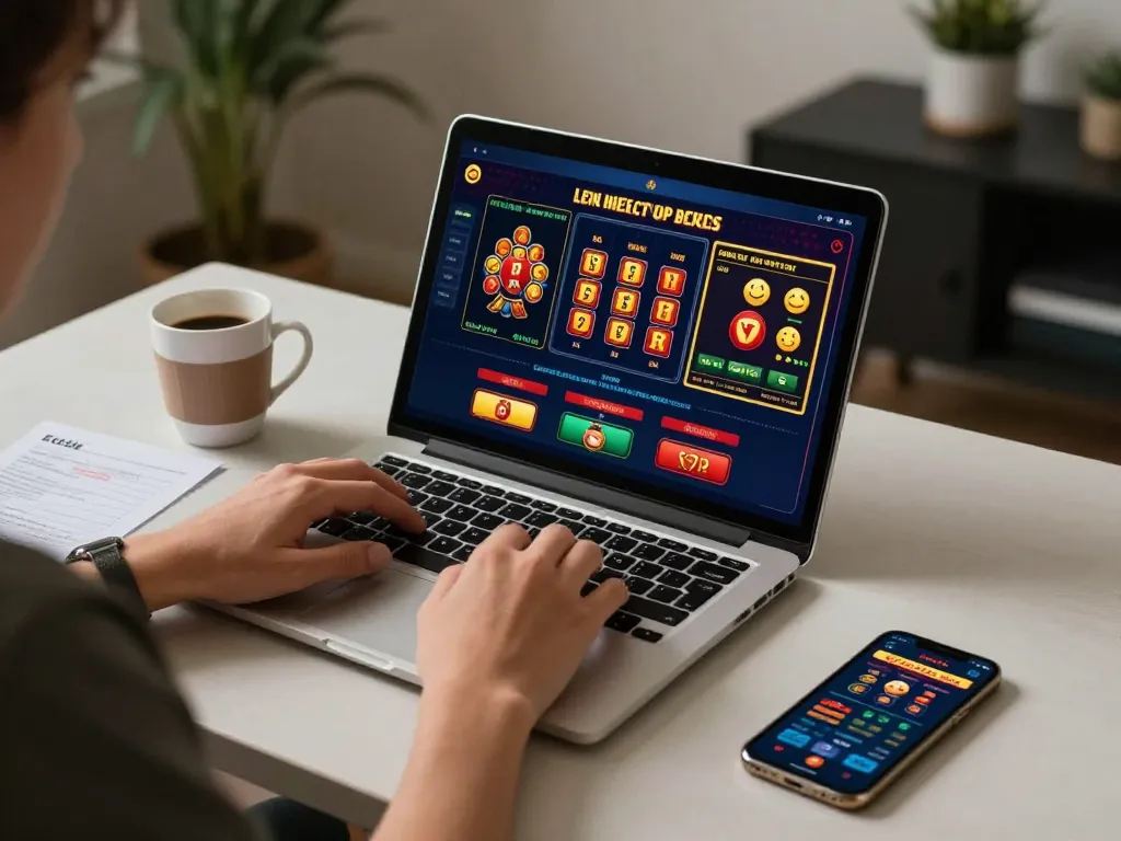 Engaging online casino gaming experience at https://mm88.blog/ with laptop, drinks, and betting notes.
