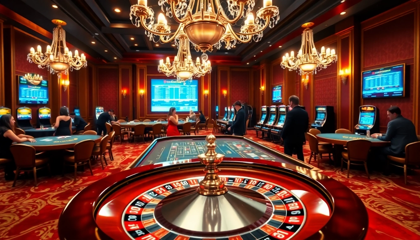 A vibrant casino scene at 79king2.sa.com showcasing excited players at tables with roulette wheels and slot machines.
