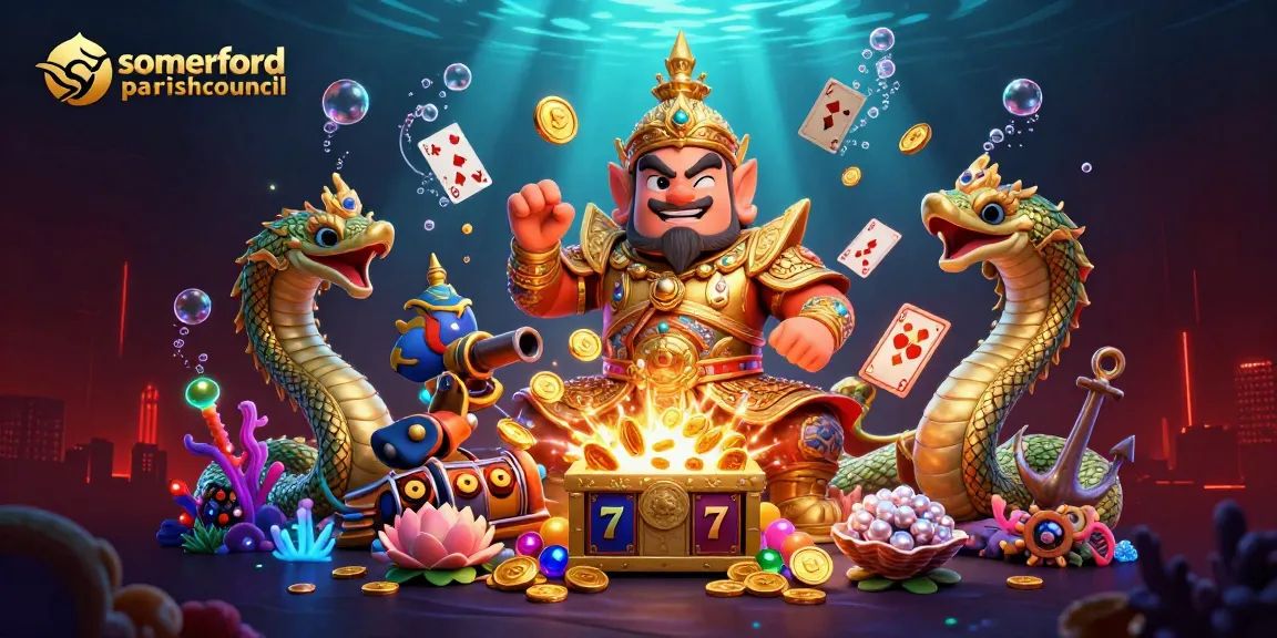 Somerfordparishcouncil showcases a friendly yaksha guardian surrounded by casino elements and glowing treasures.