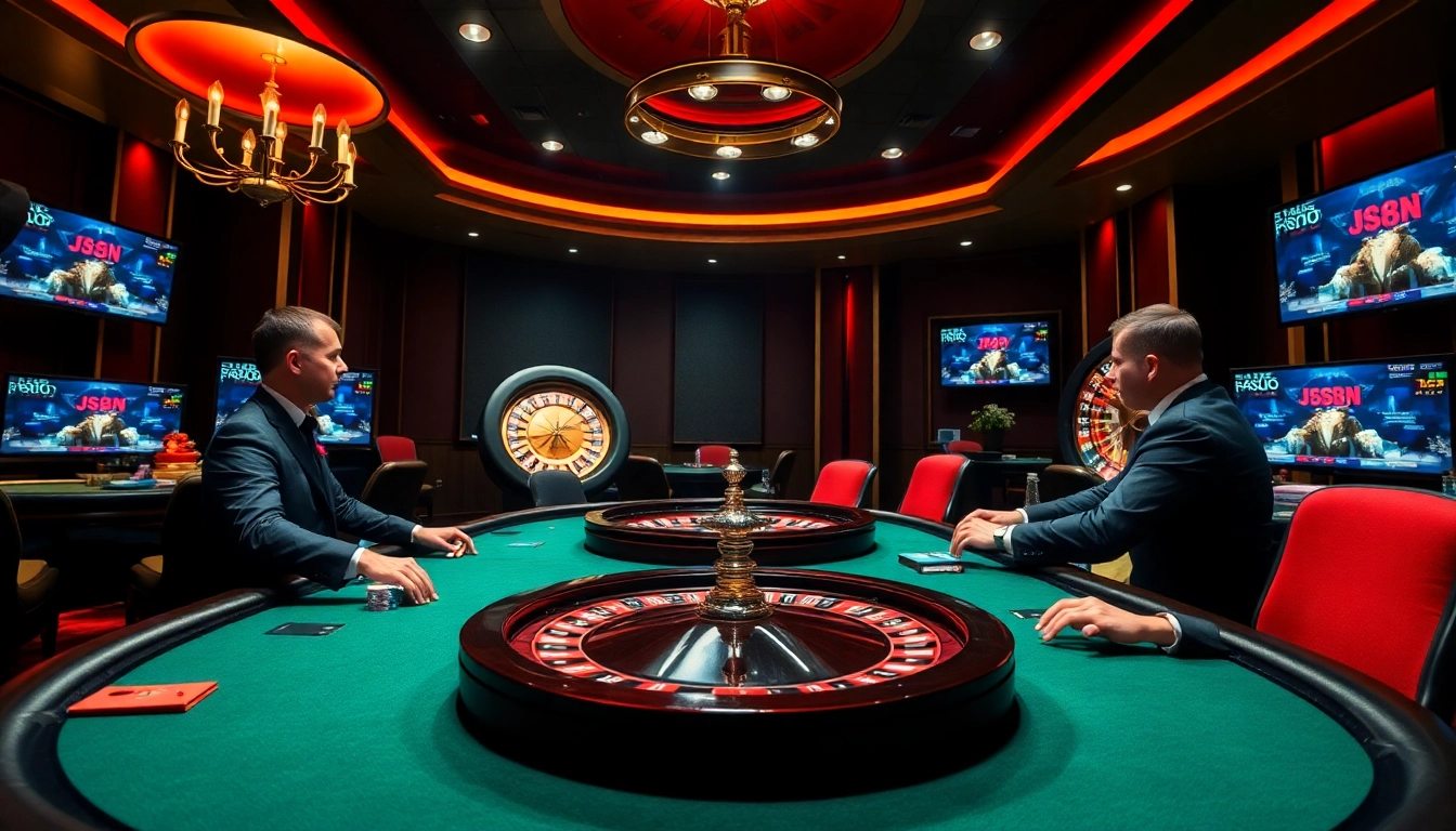 Engaging poker game at J88 casino, showcasing players and a dealer with vibrant chips and cards.