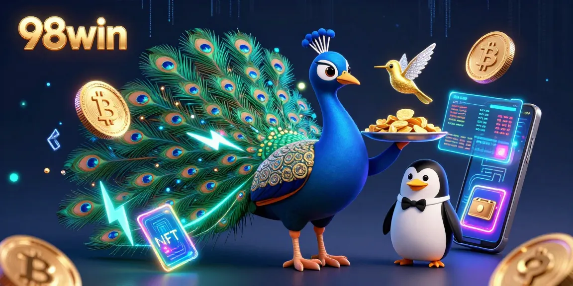 Experience thrilling gameplay with 98win's vibrant 3D illustration featuring casino elements and crypto.