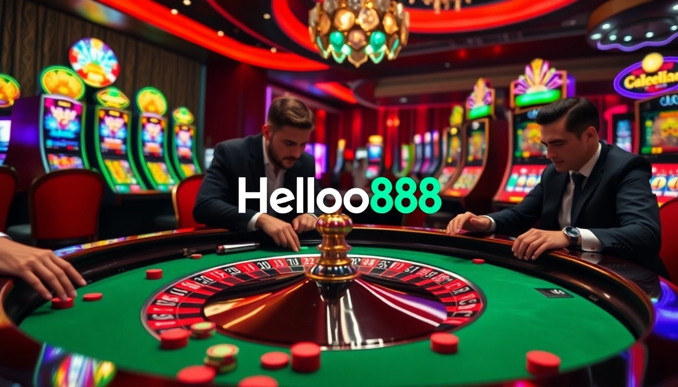 Excited players engage with the roulette wheel, showcasing Helloo88's vibrant casino atmosphere.