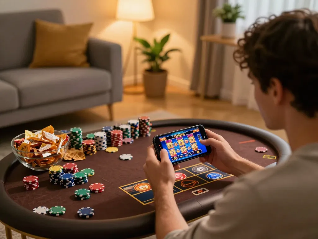 Engaging in mobile casino gameplay, featuring soc88 on smartphone with snacks around