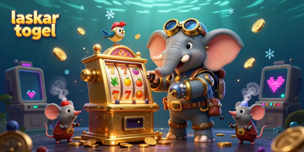 Spin the laskar togel slot machines with vibrant symbols and steampunk characters in a lively carnival setting.