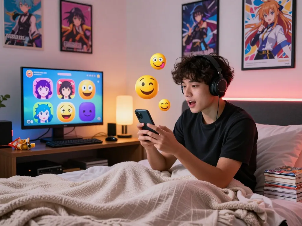 NSFW AI chat experience with user interacting on smartphone, vibrant avatars and playful emojis.