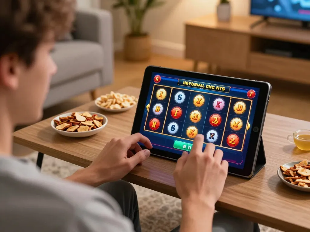 Excited player engaging in gameplay on 555win25 slot app at home with snacks and strategy notes.