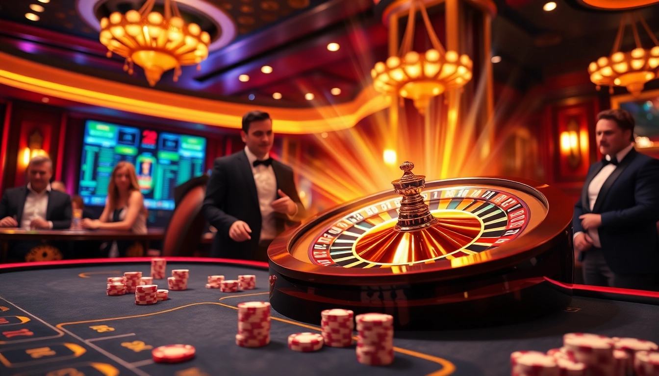 Experience the thrill of online gambling at https://kubet.agency/ with an exciting casino scene featuring roulette, poker chips, and players.
