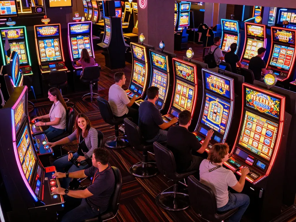 Experience the excitement of slot16 gacor with players engaging at colorful slot machines.