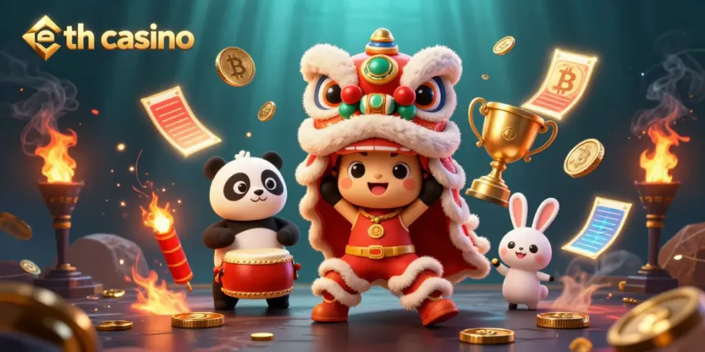Experience the excitement of eth casino with lively characters dancing amid vibrant crypto-themed elements.