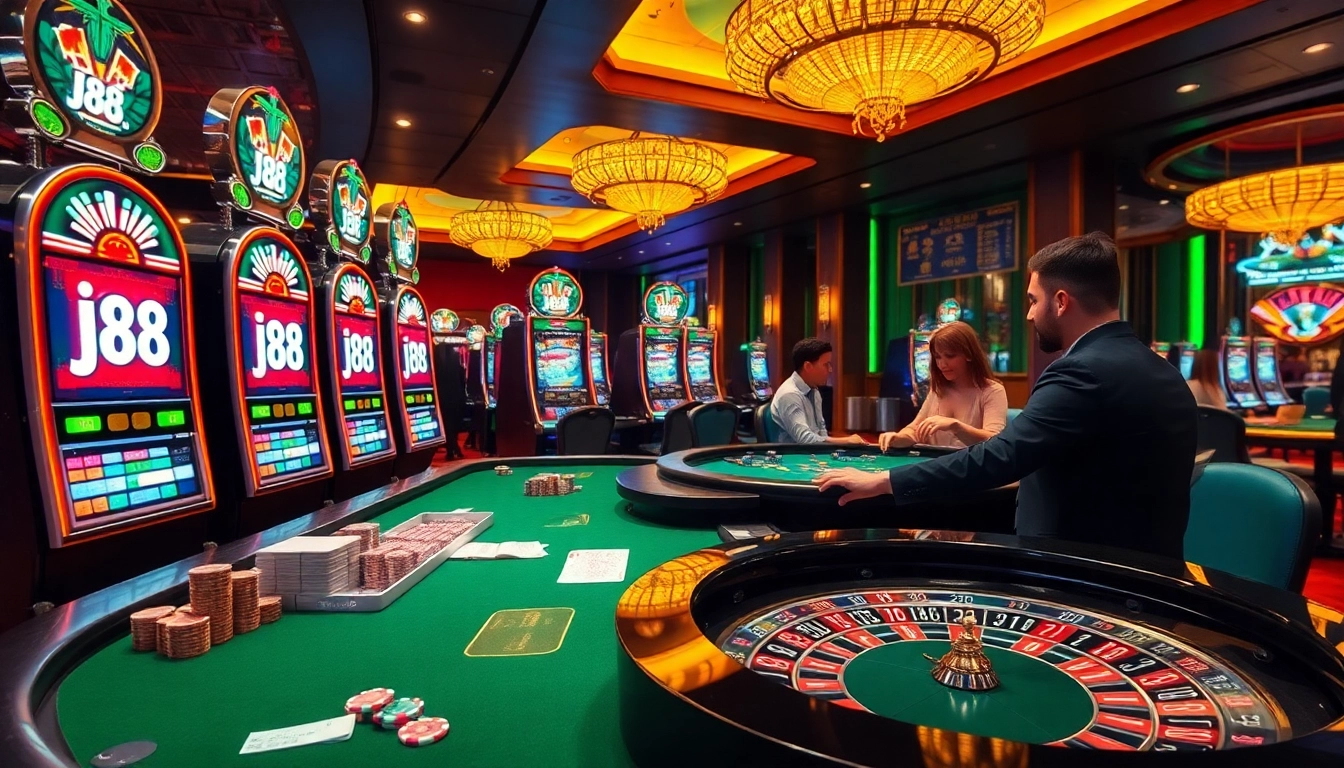 Players place bets at an exciting j88 casino table with vibrant gambling elements.