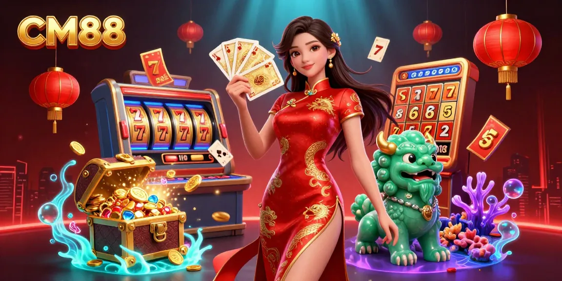 CM88 casino illustration with vibrant slot game elements and a captivating atmosphere.