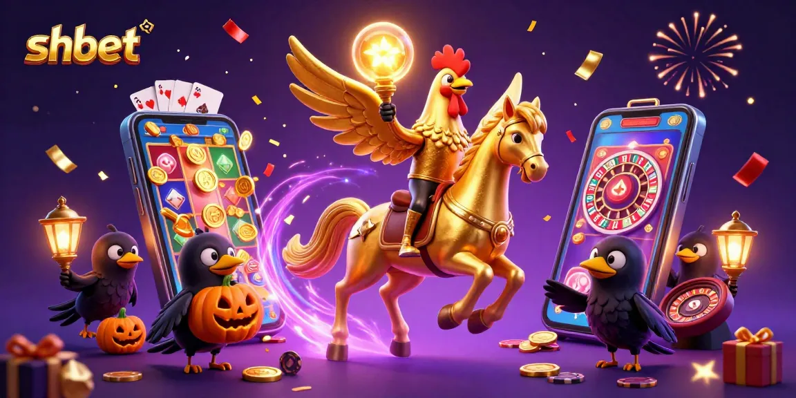 Engage with the vibrant world of shbet as a golden rooster rides a spectral horse amidst a bustling casino