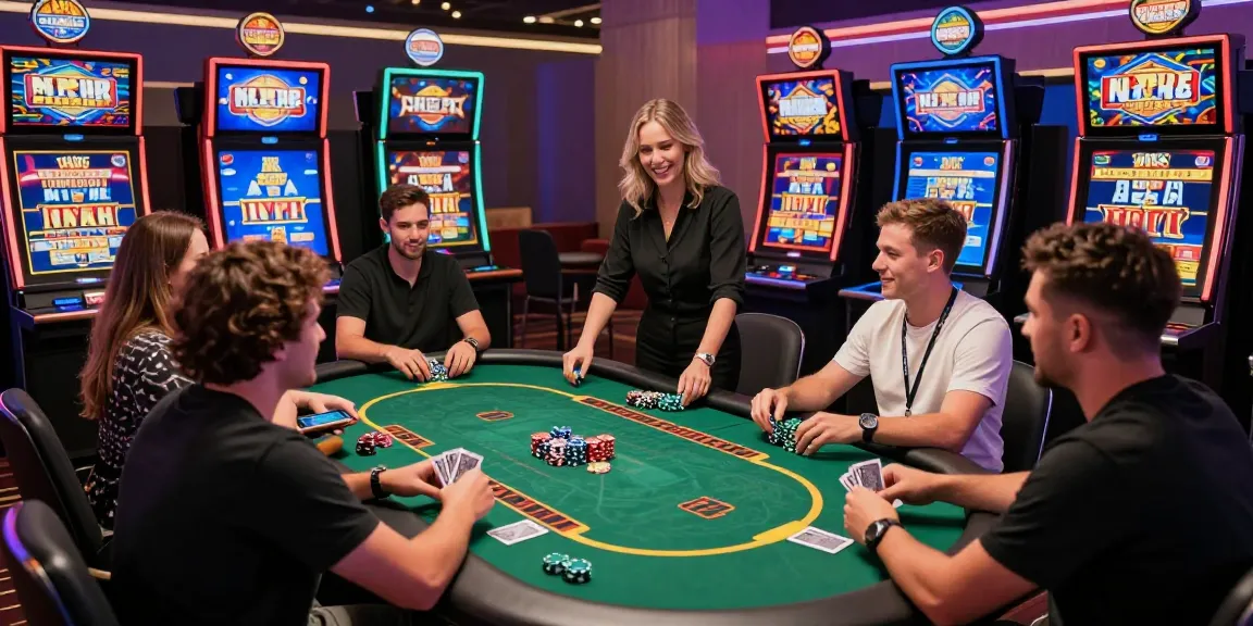 Players immersed in non UK online casinos, enjoying vibrant gaming atmosphere with diverse activities like high RTP slots and poker.
