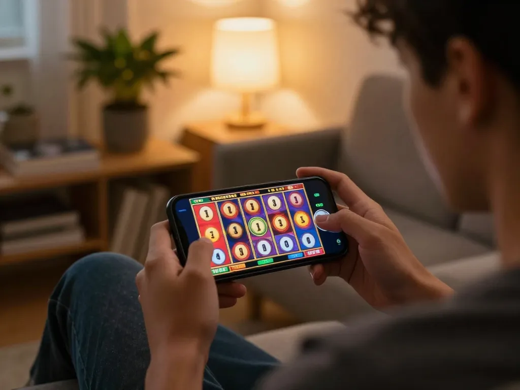 Player enjoying slot game on smartphone, connecting with trusted agen terpercaya for exciting wins.