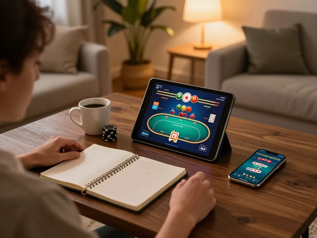 Kuwin player enjoying a thrilling online poker game with strategy notes in a cozy home setup