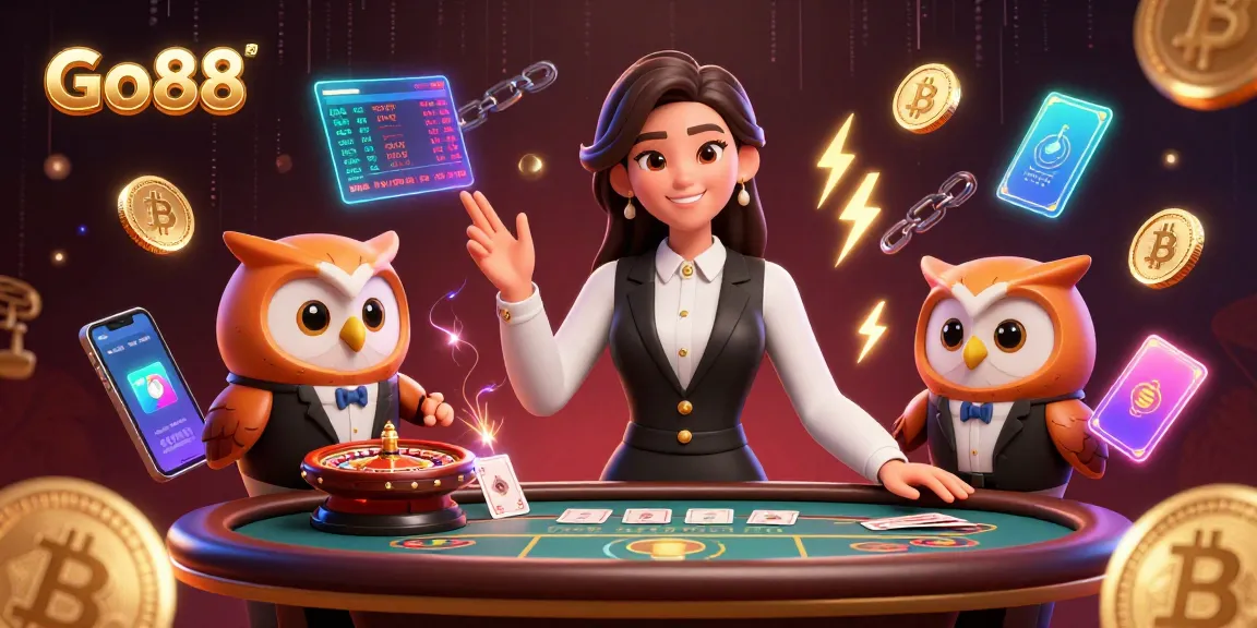Join the exciting world of Go88 with a vibrant casino scene featuring lively dealers and crypto elements.