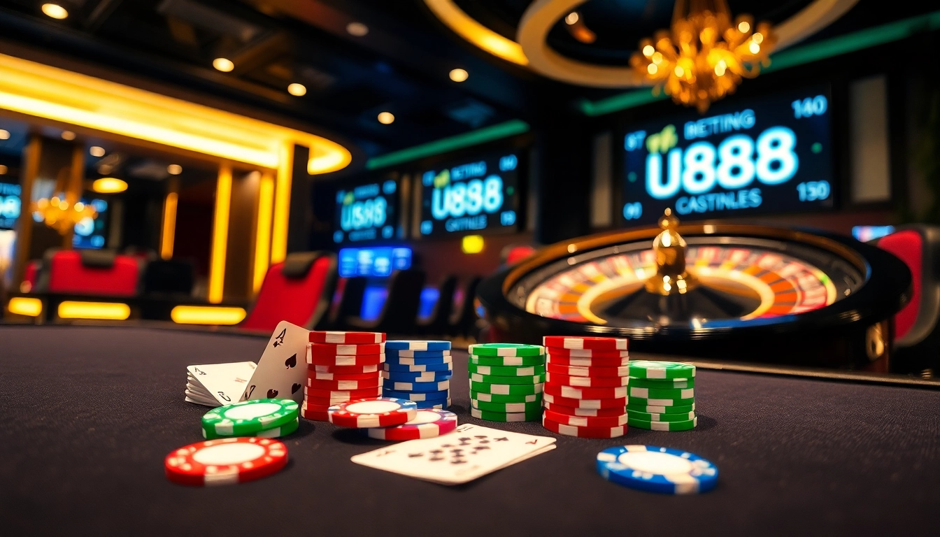 Experience the excitement of u888 at a vibrant casino table featuring poker chips and cards.