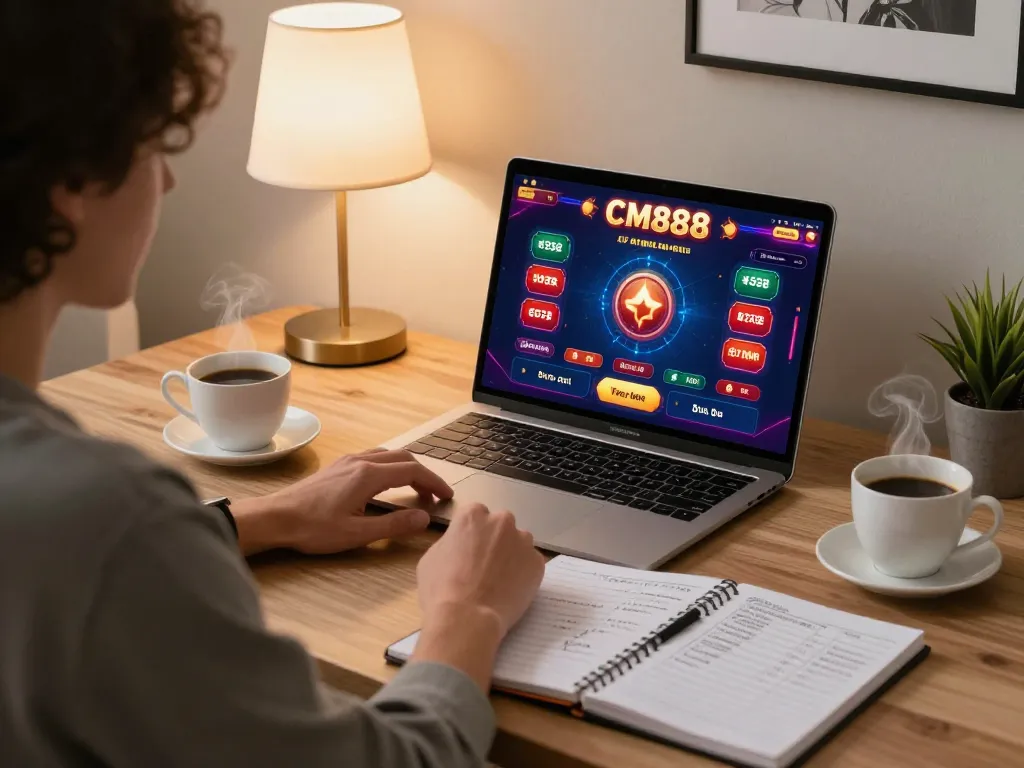 Player engaging in CM888 online gaming with focused strategy notes at home