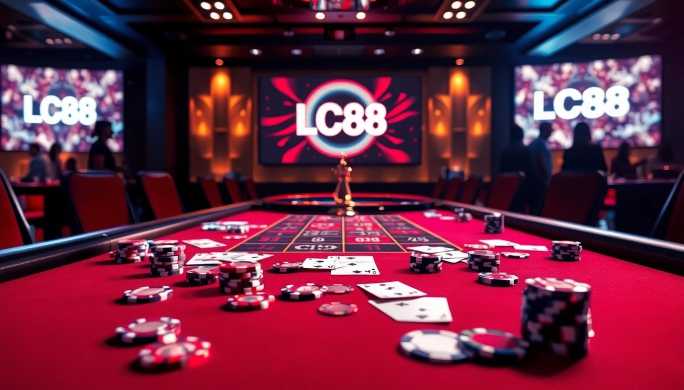 Players experiencing thrilling online gambling at LC88 casino, showcasing vibrant poker chips and a roulette wheel.