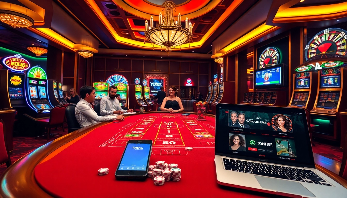 Nohu players celebrating wins at a casino table surrounded by slot machines and a roulette wheel.