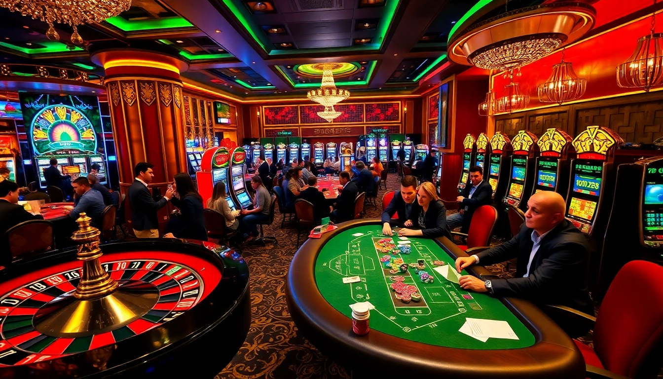 Players enjoy thrilling games at 188bet casino, showcasing poker tables and vibrant slot machines.
