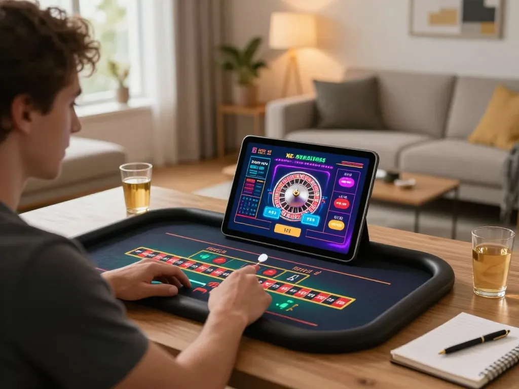 Player engaging in non Gamstop online casino game on tablet in stylish home setting