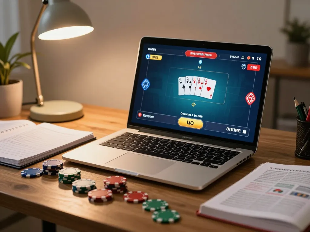Engaging scene of a player at god55 casino enjoying an online poker game with chips and strategy notes.