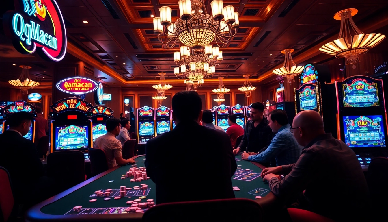 Exciting gaming experience at QQMacan featuring vibrant slot machines and players in a luxurious casino.
