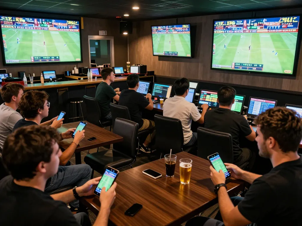 Kèo nhà cái trực tiếp action captured in a lively sports betting lounge with fans engaged in mobile betting.