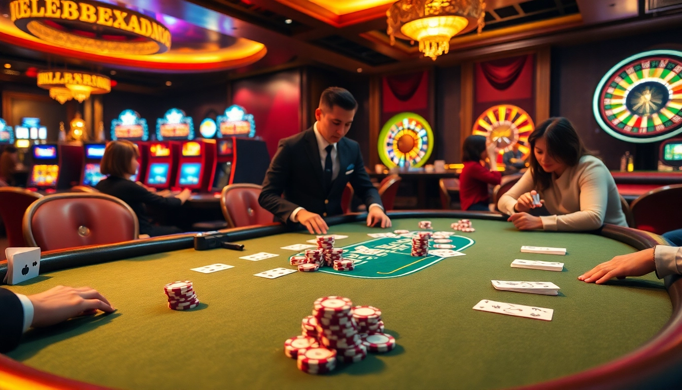 W88 poker players strategizing at a glamorous casino table with chips and cards.