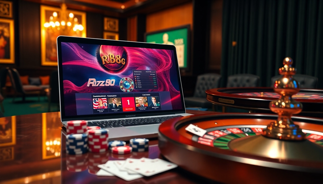 Vivez l'excitation de RR88 avec une scène de casino numérique vibrante mettant en vedette des jetons et une roulette.