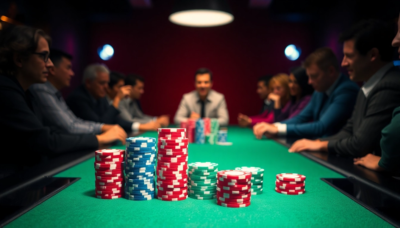 Participate in an engaging poker game with vibrant chips and focused players at the table.